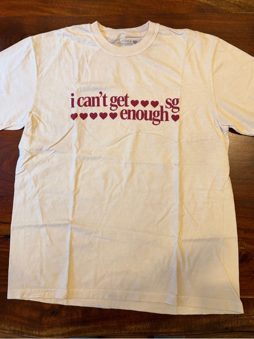 Selena Gomez Graphic Tee "i can't get enough" - Cream with Burgundy Hearts